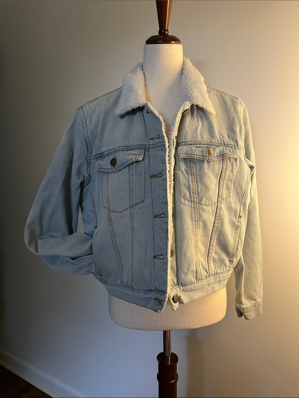 Light Blue Sherpa-Lined Denim Jacket with Faux Shearling Collar